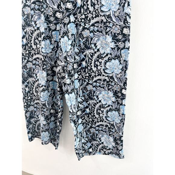 Tahari Linen Wide Leg Pants Large Blue Black Paisley Print Pull On Ankle Crop - Picture 3 of 5